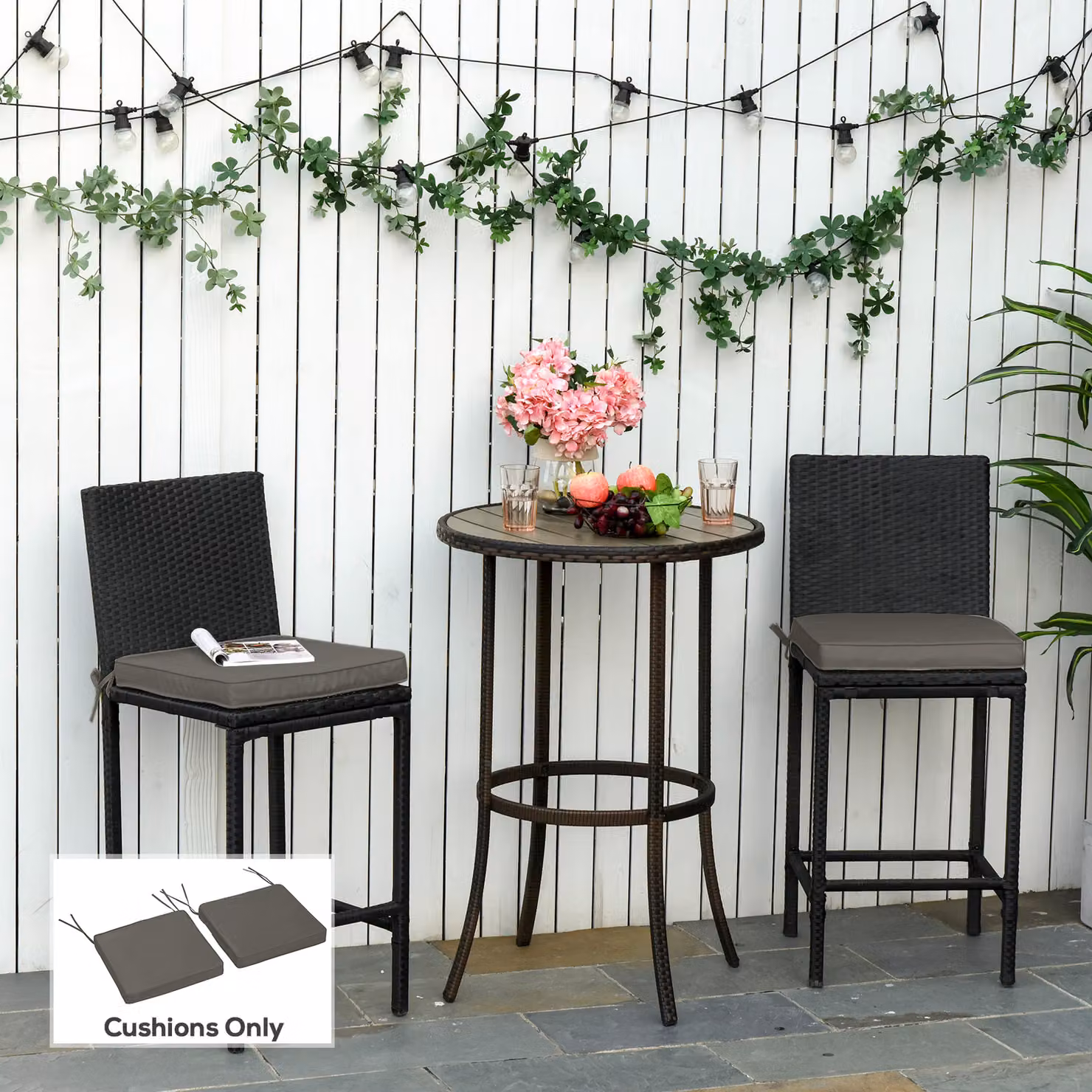 Outsunny Set of 2 Water Repellent Replacement Garden Seat Cushion Pads with Ties, Grey, W/D/H: 45 x 45 x 45 cm – 2