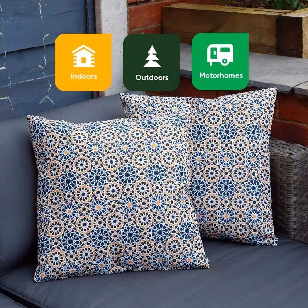 Gardenwize Pack of 2 Casablanca Moroccan Printed Outdoor Square Scatter Cushions in Multicolour, White and Blue – 5