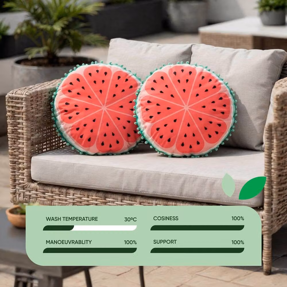 Gardenwize Pack of 2 Round Watermelon Printed Scatter Cushions in Multicolour and Red – 2