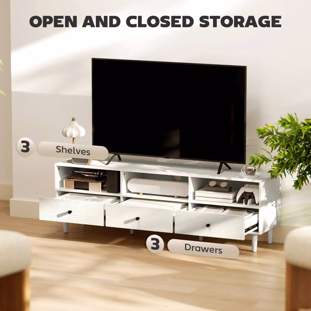 Wyld Haus Kedito TV Stand in White with 3 Drawers and 3 Open Shelves, W: 140 cm, D: 34 cm, H: 45 cm – 4