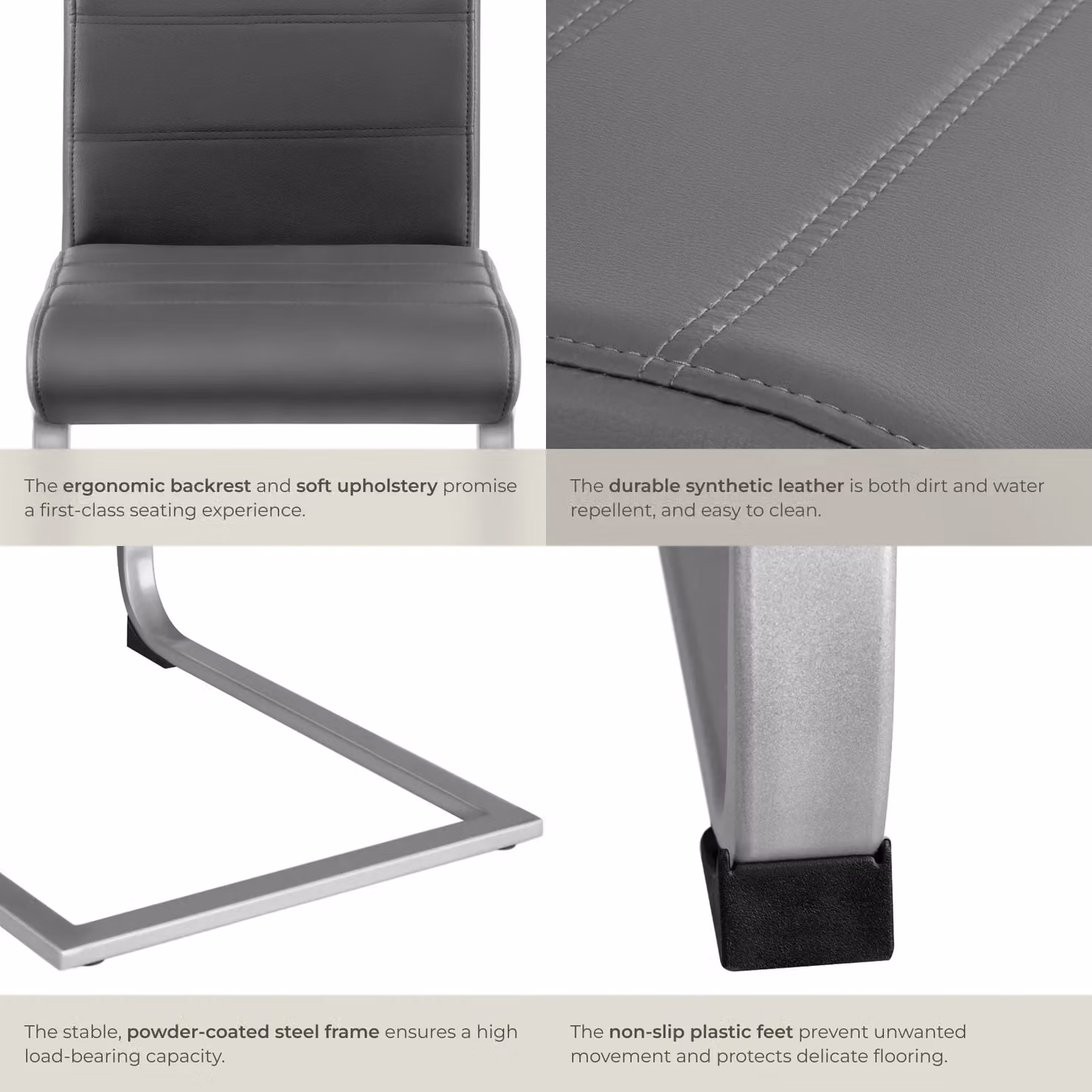 tectake Bettina Set of 4 Dining Chairs in Grey with Synthetic Leather and Metal Cantilever Base – 5