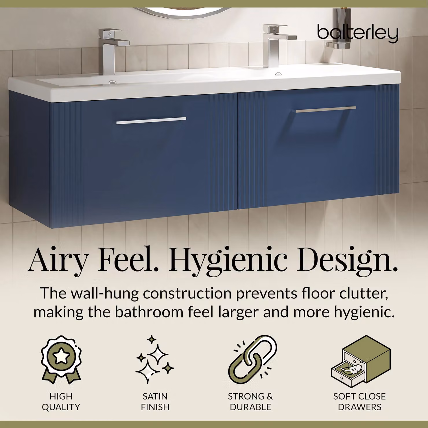 Balterley Wall Hung 2 Drawer Vanity Unit with 2 Ceramic Basins, Satin Blue, W: 120 cm – 3