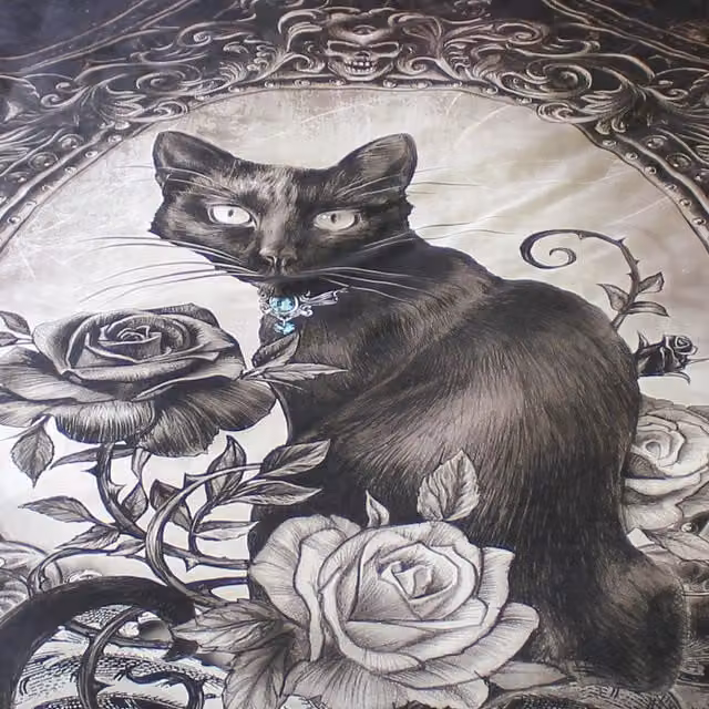 Alchemy Paracelsus Gothic Rose Cat Duvet Cover and Pillowcase Set, Black, W/D/H: 140 x 200 cm and 50 x 75 cm