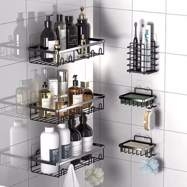 KORVIXA 6-Piece Stainless Steel Wall-Mountable Shower Caddy Set in Black with Soap Dish and Toothbrush Holder – 1