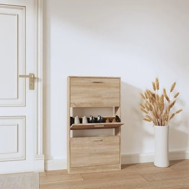 Berkfield Home Oak Shoe Cabinet in Brown, W/D/H: 59 x 17 x 108 cm