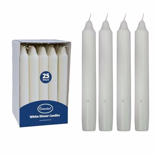 Essential Housewares Unscented White Classic Dinner Candles, Pack of 25