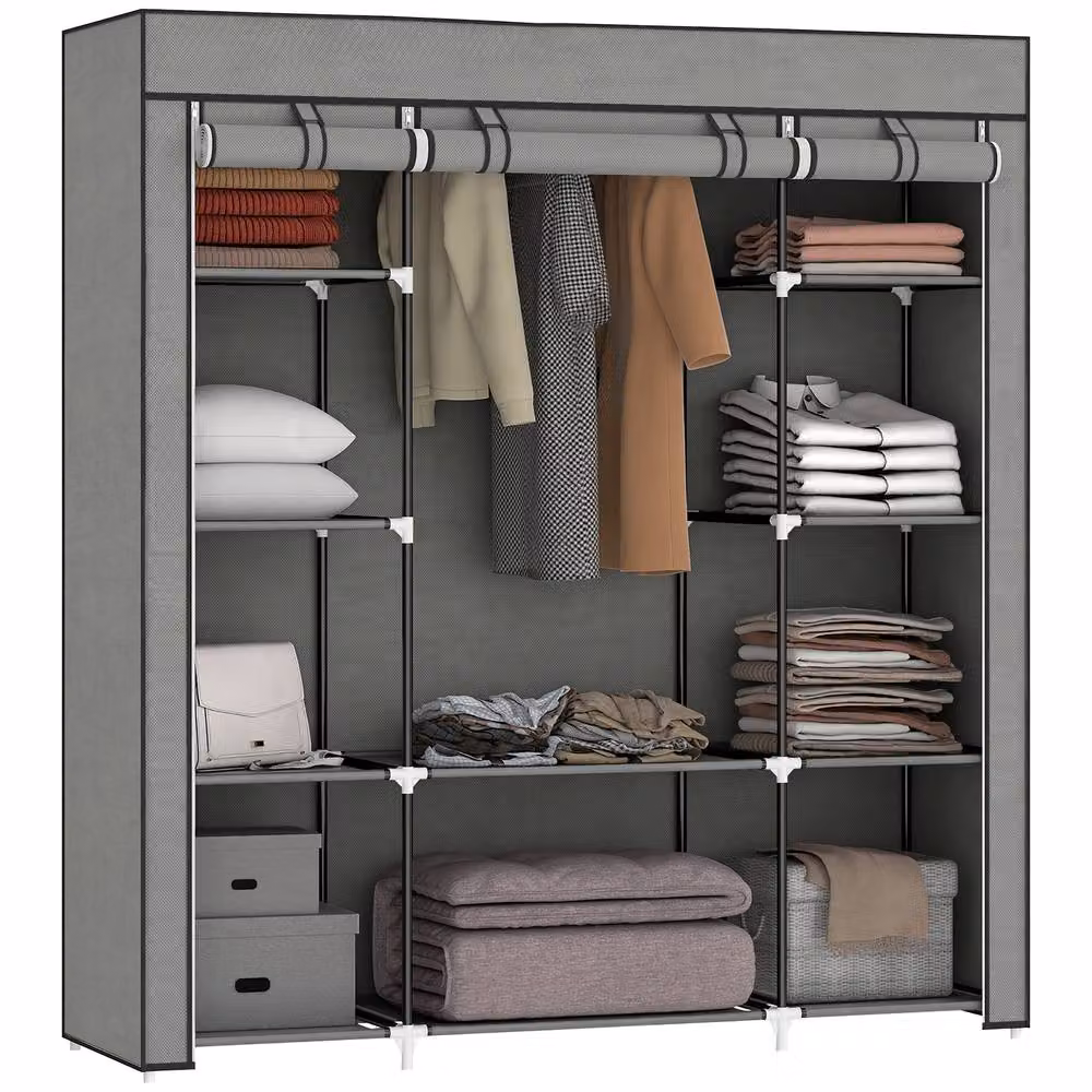 HOMCOM Portable Foldable Wardrobe with Hanging Rod and Internal Shelves, Grey, W/D/H: 150 x 43 x 162.5 cm – 2