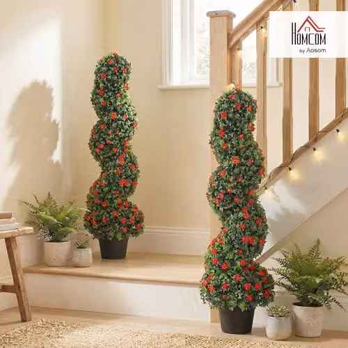 HOMCOM Set of 2 Red Artificial Rose Spiral Topiary Trees in Pots, Height: 90 cm – 2