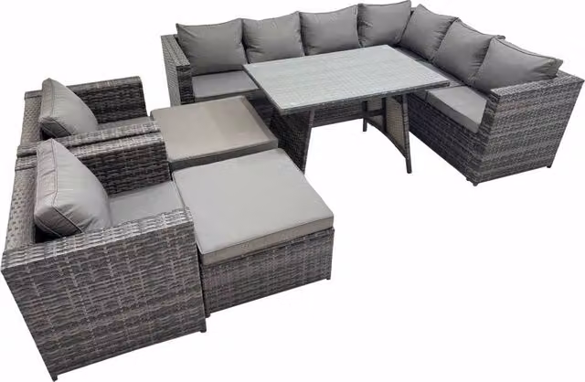 Fimous Rattan Garden Furniture Set with Dining Table and 2 Stools in Dark Grey