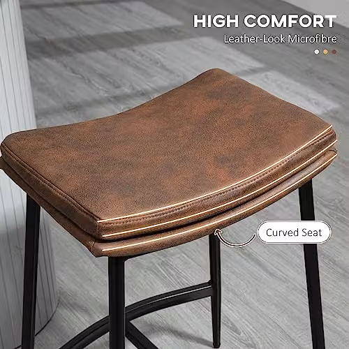 HOMCOM Set of 2 Brown Microfibre Upholstered Industrial Bar Stools with Metal Frame – 4