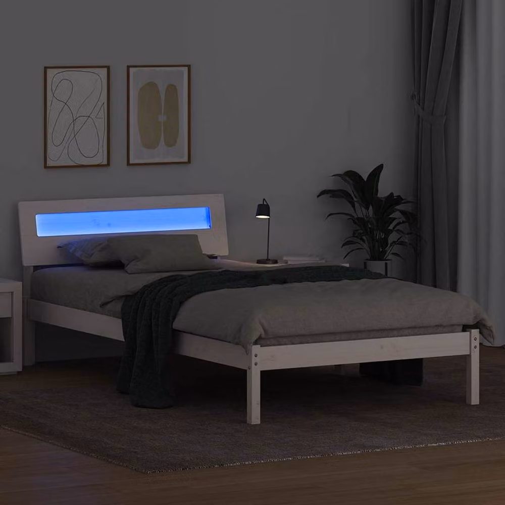 Berkfield Home Modern White Solid Wood Bed with LED Strip Lights and Headboard W/D/H: 90 x 190 cm – 3