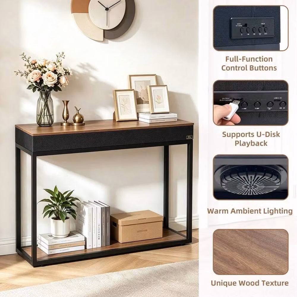 KORVIXA Brown Modern Square Console Table with Bluetooth Speaker and LED Light – 4