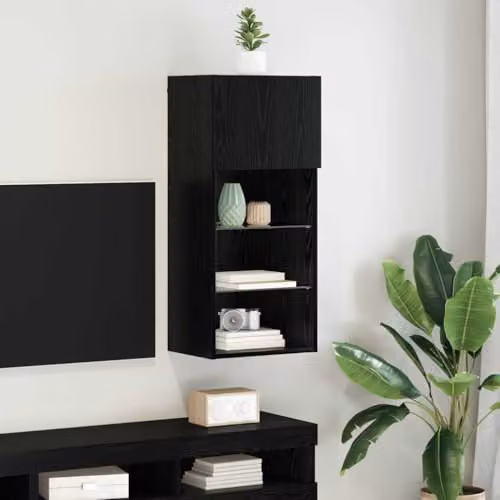vidaXL Modern Wall-mounted TV Cabinet with Glass Doors and Integrated Lighting, Black, W/D/H: 90 x 30 x 40.5 cm – 2