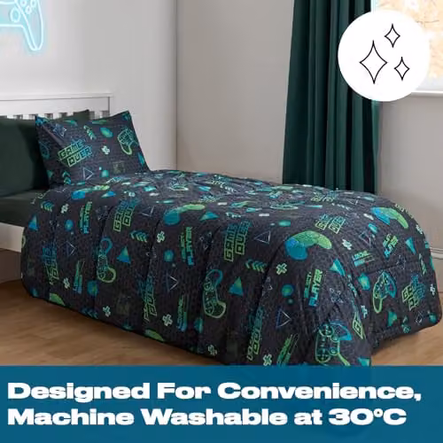 OHS Kids Coverless Gaming Duvet and Pillowcase Set, 10.5 Tog Reversible Hollow Fibre All Season Quilt, Black and Grey, W/D/H: 135 x 200 cm – 2