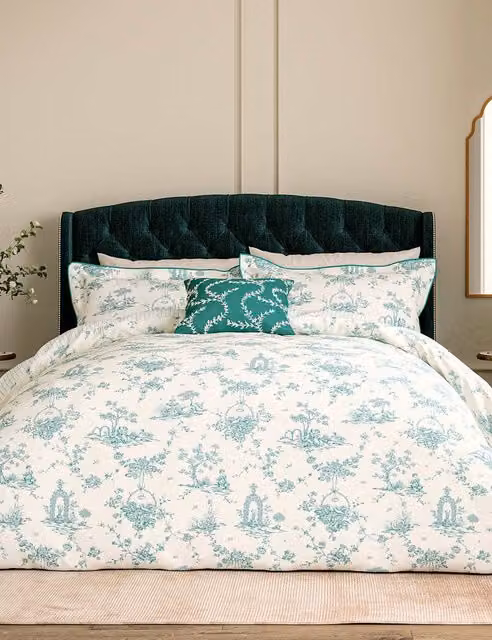 V&A Garden Of Love Super King Size Bedding Set, Teal Mix Pure Cotton Floral Duvet Cover and Pillowcases