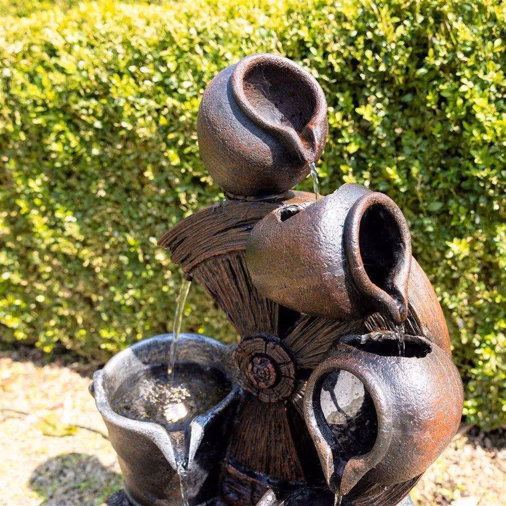 Primrose Santana Cascading Bowls Windmill and Bucket Water Feature with Lights in Brown, Height: 61 cm – 2