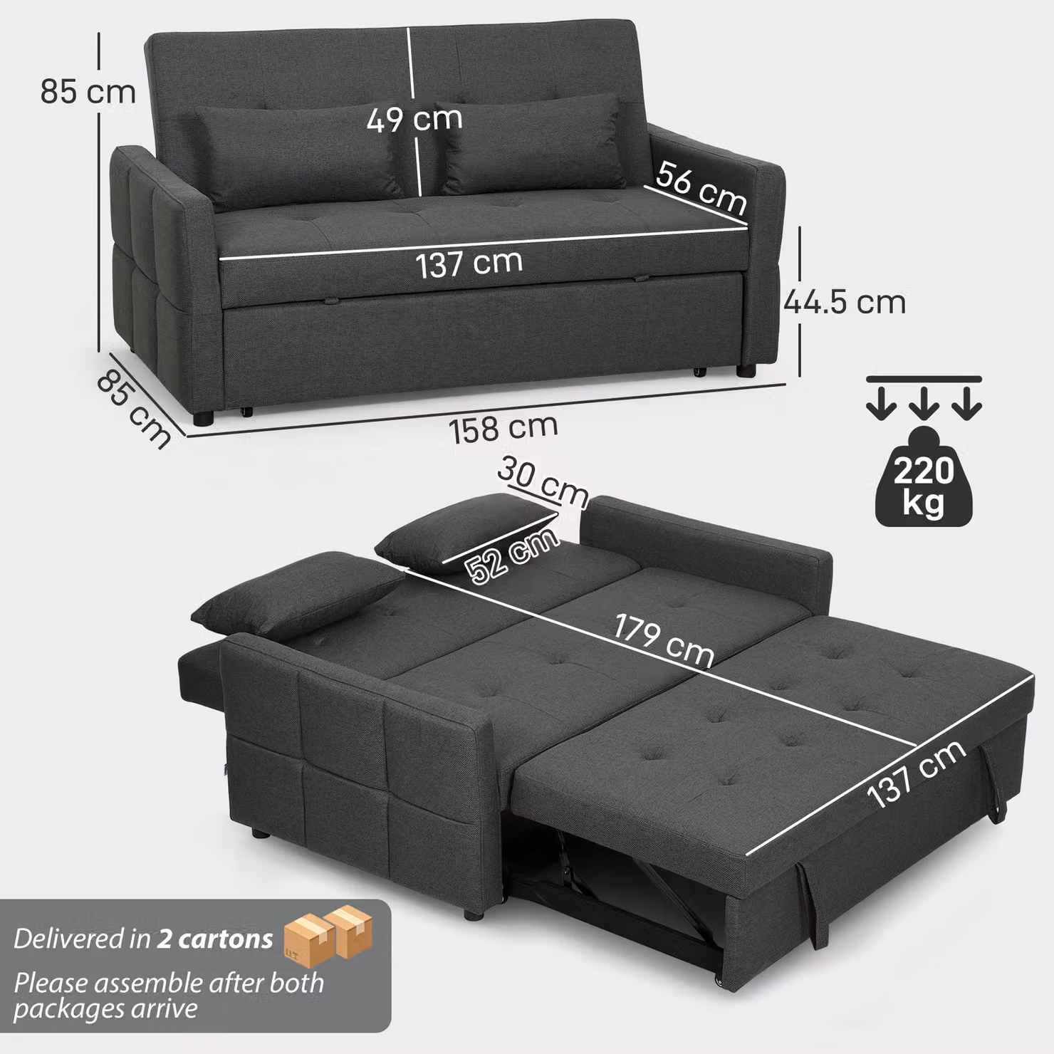 HOMCOM Two-Seater Click-Clack Sofa Bed in Charcoal Grey with Fabric Upholstery and Scatter Cushions – 3