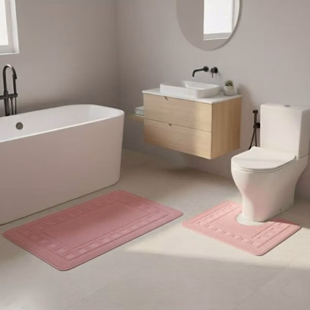 Snug City 2 Piece Box Design Bath Mat Set in Pink, Non-Slip and Absorbent, W: 80 cm, D: 50 cm