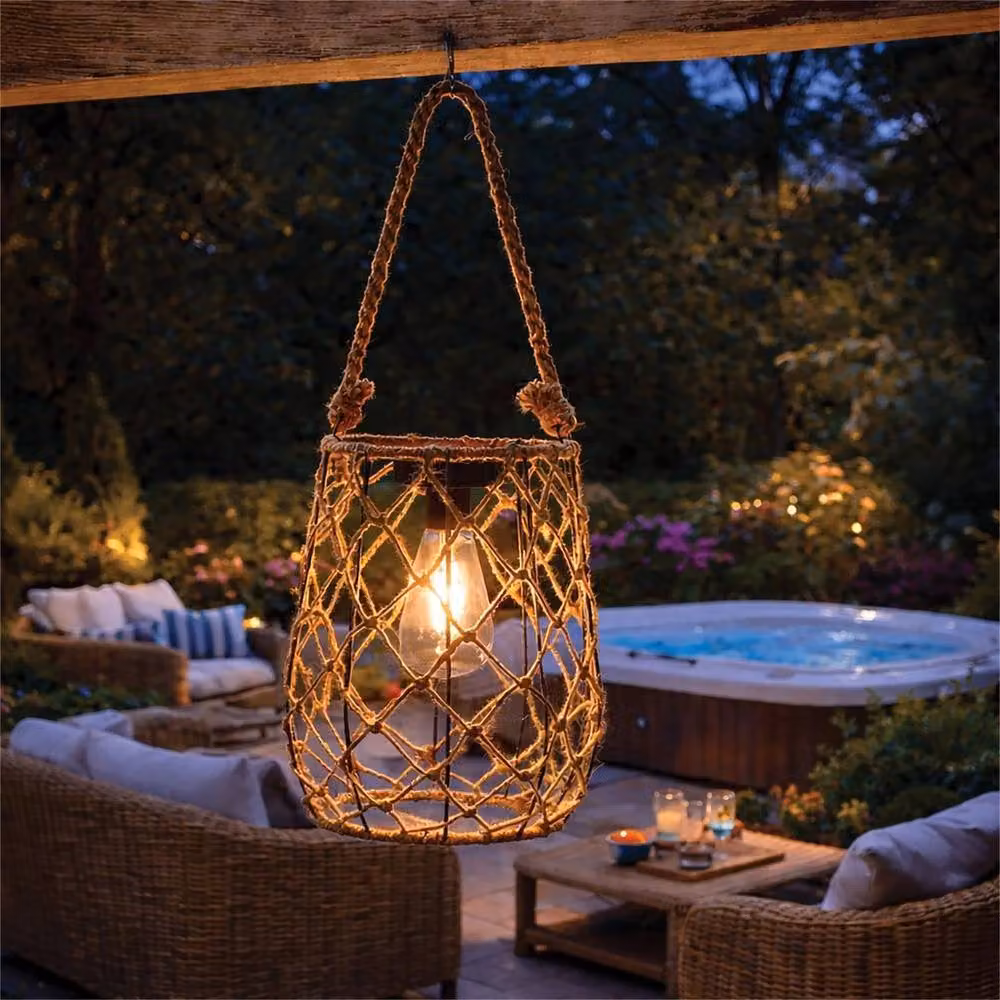 NESTLUNE Solar Natural Rope Tabletop Lantern in Brown with 15 Lumens Warm White Light – 4