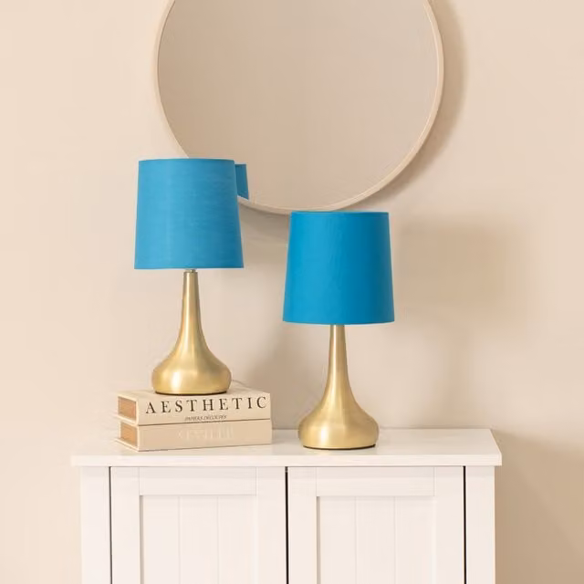 ValueLights Teardrop Pair of Gold Touch Table Lamps with Blue Fabric Shades