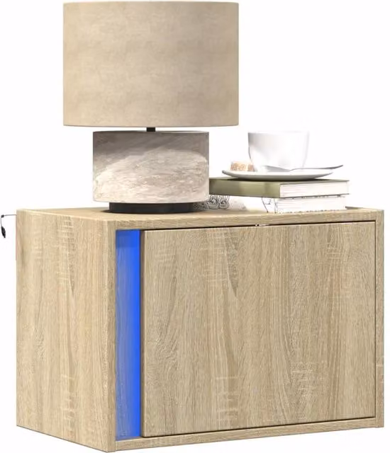 Berkfield Home Set of 2 Wall-mounted Bedside Cabinets with Integrated LED Lights in Sonoma Oak Brown