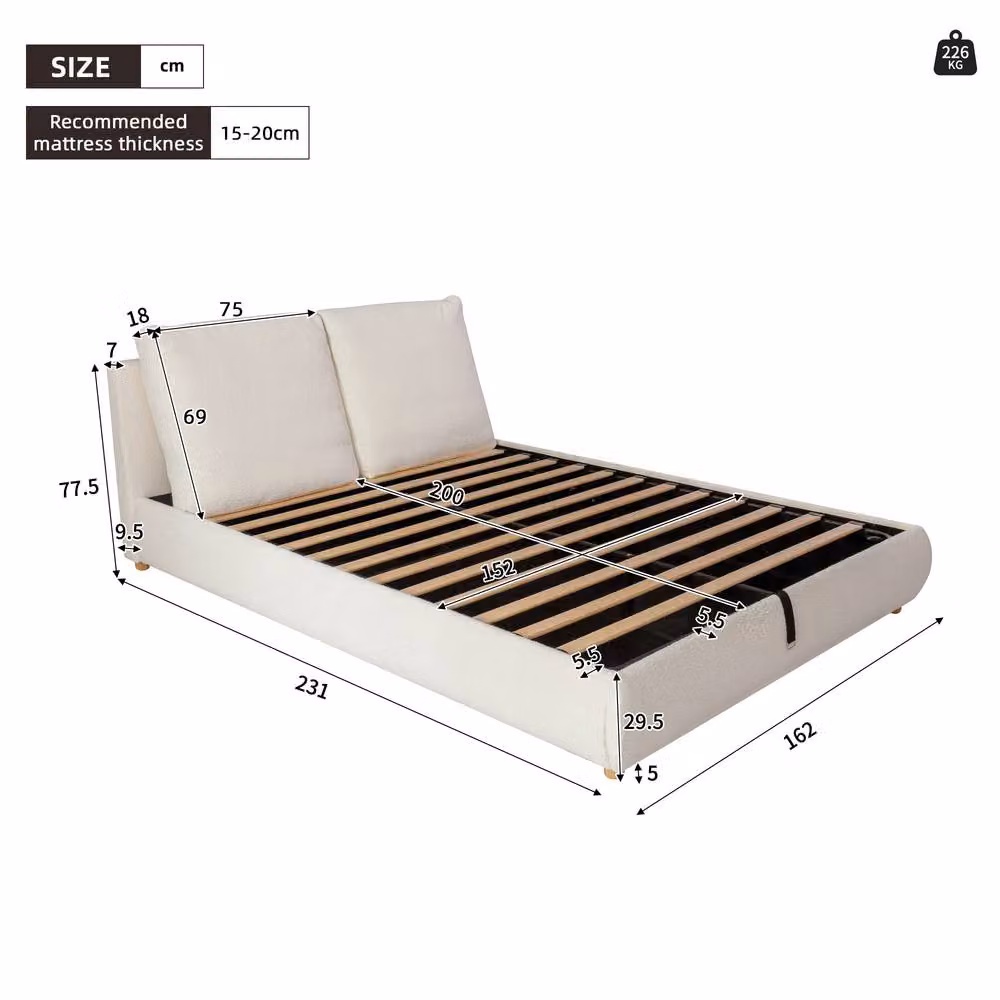 ModernLuxe Upholstered King Ottoman Bed in White Bouclé Fabric with Headboard and Lift-Up Base, W/D/H: 180 x 200 cm – 3