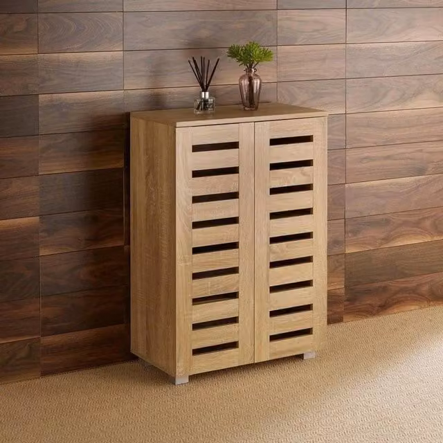 FORGEVIO 2 Door Oak Wooden Shoe Storage Cabinet with Slatted Doors in Brown – 1