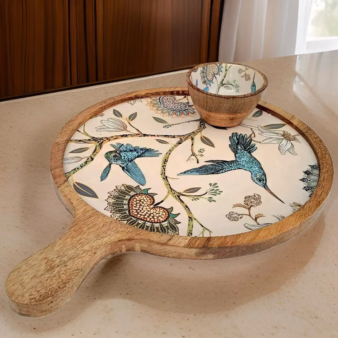 Hartsmede Handmade Mango Wood Serving Platter Tray with Bowl, Hummingbird Floral Enamel Pattern, Beige, White and Pink, Diameter: 30.48 cm – 3