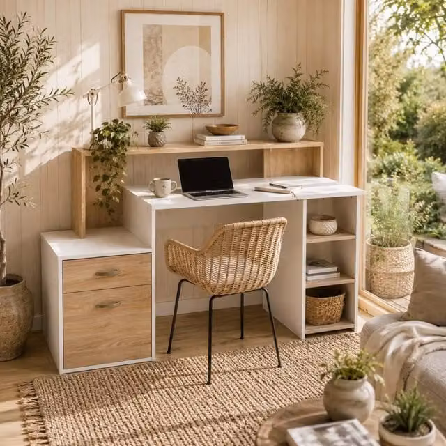 Wyld Haus Niledi Office Desk with Shelves and Drawers in Light Oak and White, W: 137 cm