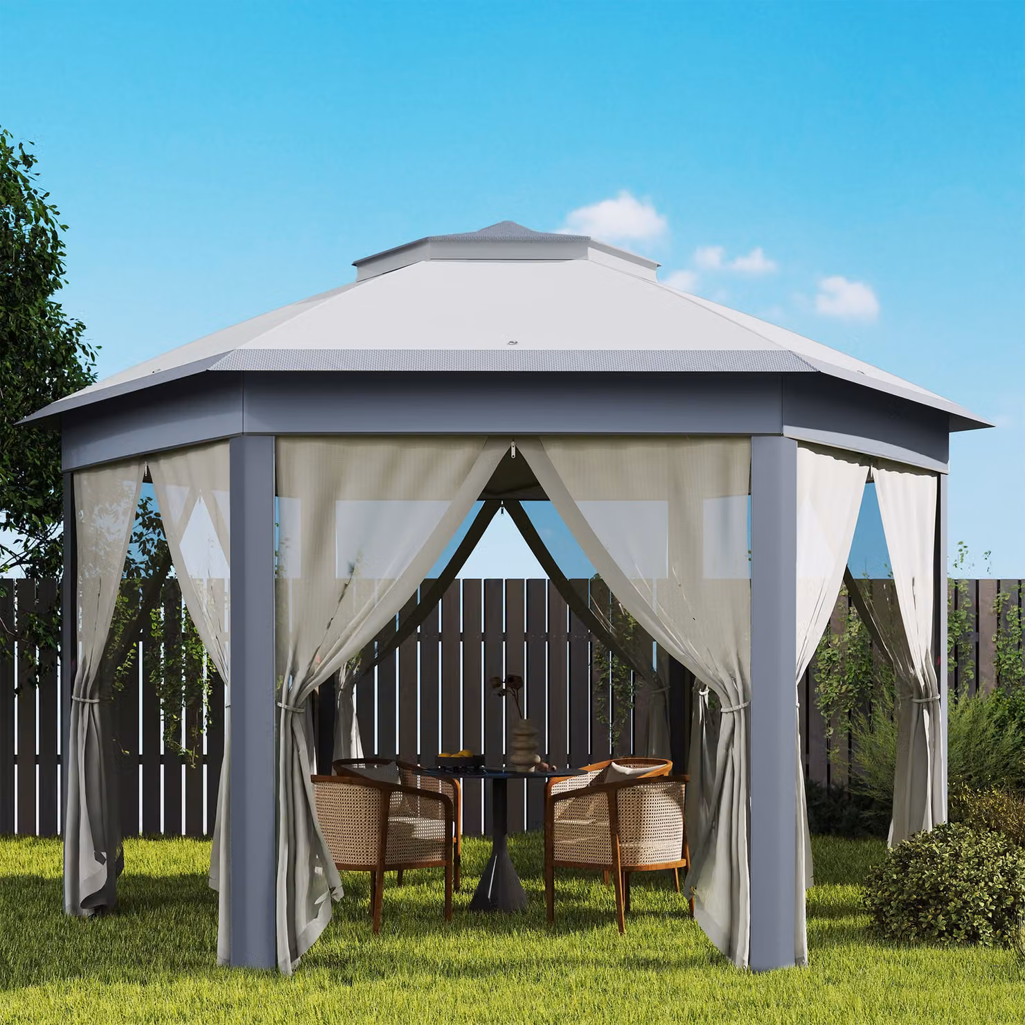 Outsunny Grey Hexagon Pop Up Garden Gazebo with Metal Frame, W: 3.4 m, D: 4.05 m, H: 2.85 m – 8