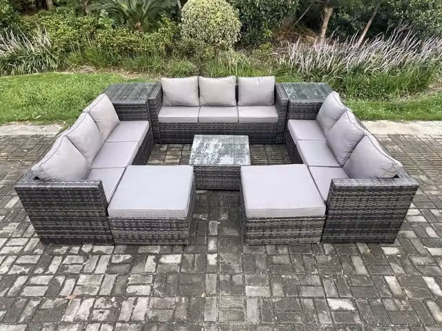 Fimous Dark Grey Rattan Garden Furniture Set with 3-Seater Sofa, Coffee Table, 2 Side Tables and 2 Ottomans