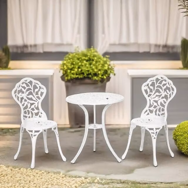 FURNOS Set of 3 Aluminium Petals Bistro Table and Chairs in White – 1