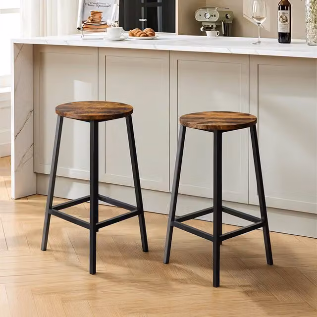 Livingandhome Set of 2 Industrial Round Bar Stools in Black and Brown with Metal and Wood Construction