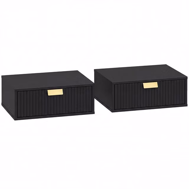 HOMCOM Set of 2 Modern Floating Nightstands, Wall Mounted Bedside Tables with Wave Drawers in Black – 1