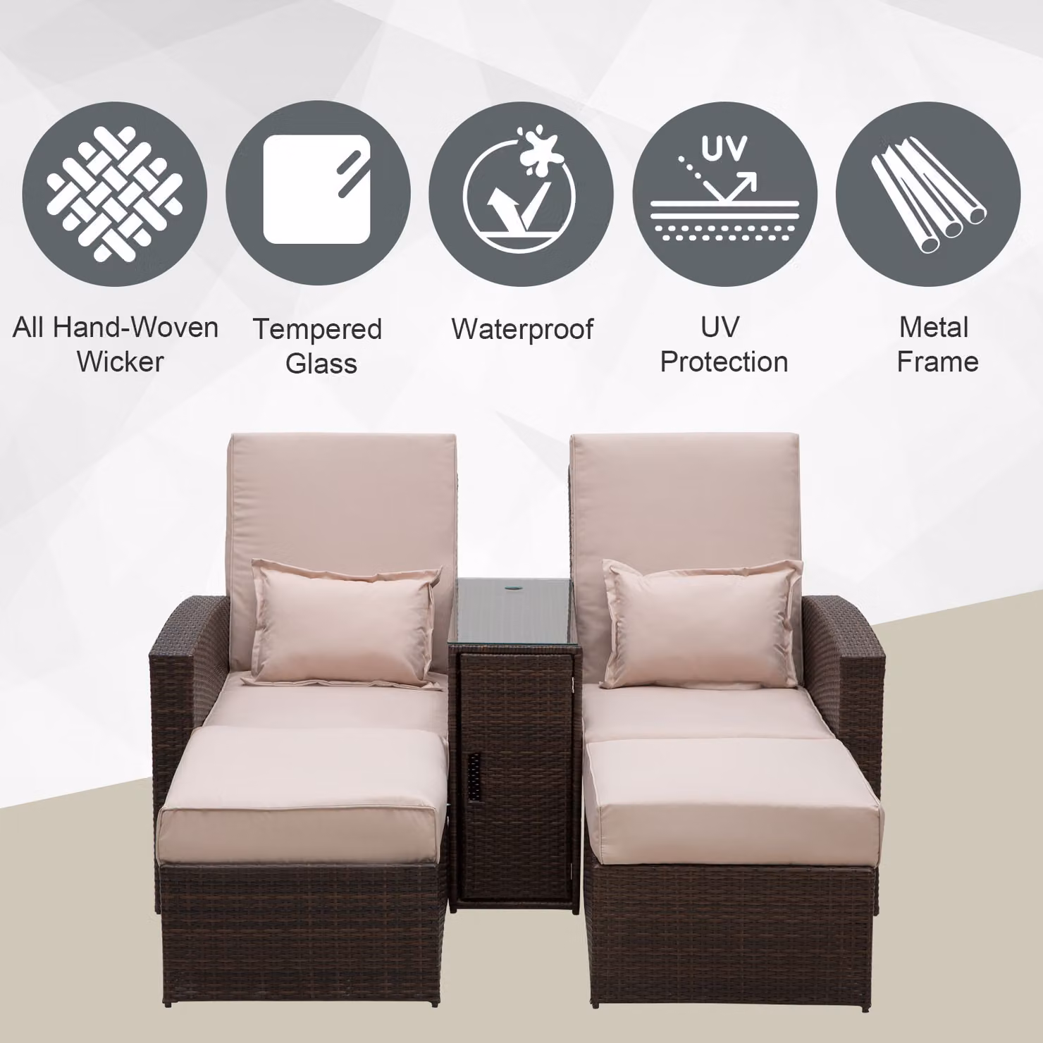 Outsunny Brown Rattan Garden Sofa Lounger with Adjustable Headrest and Outdoor Fabric – 4