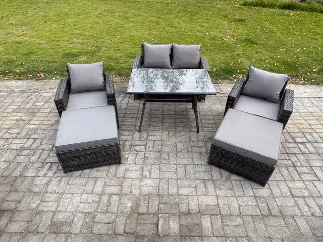 Fimous Grey PE Rattan Garden Dining Set with Rectangular Table, Double Sofa, 2 Armchairs and 2 Footstools