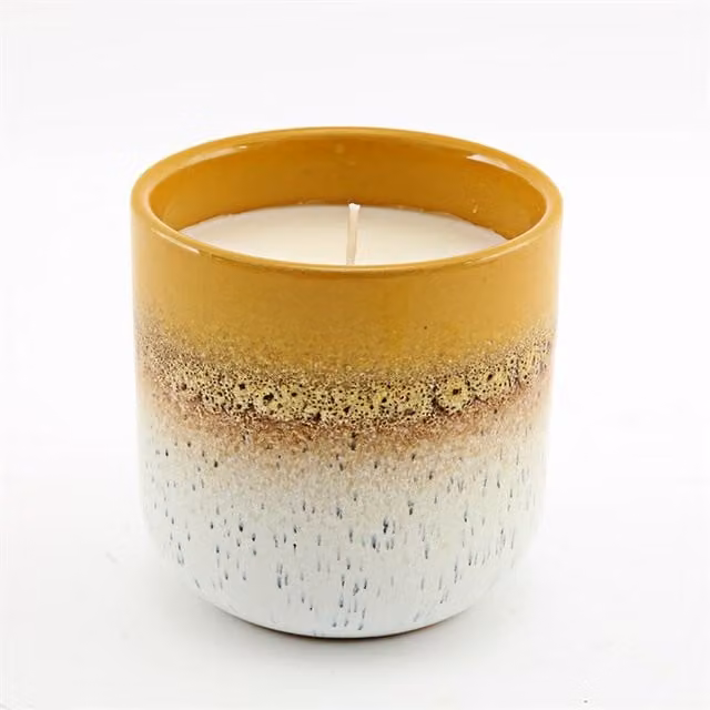 KDMK Modern Abstract Yellow Ceramic Reactive Glaze Candle Holder, Diameter: 9 cm