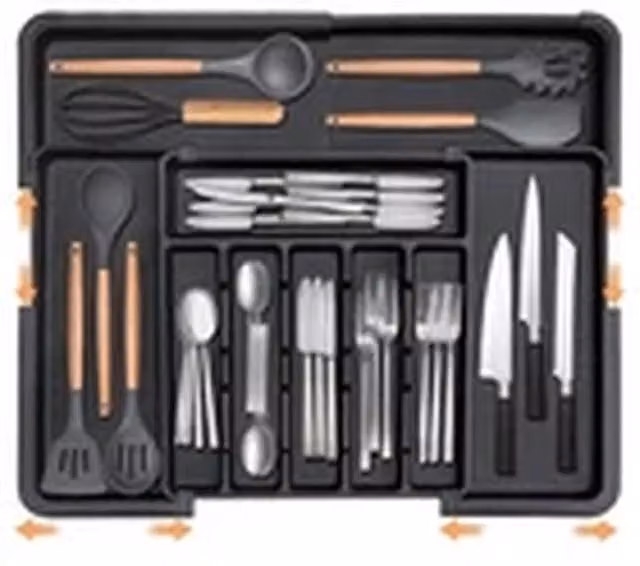 EONLION Adjustable Black Plastic Kitchen Drawer Cutlery Tray and Utensil Divider with Compartments