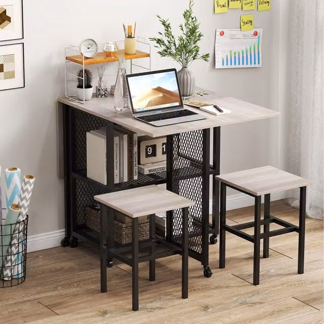 Costway Grey Industrial Drop Leaf Expandable Dining Table Set with 5 Chairs