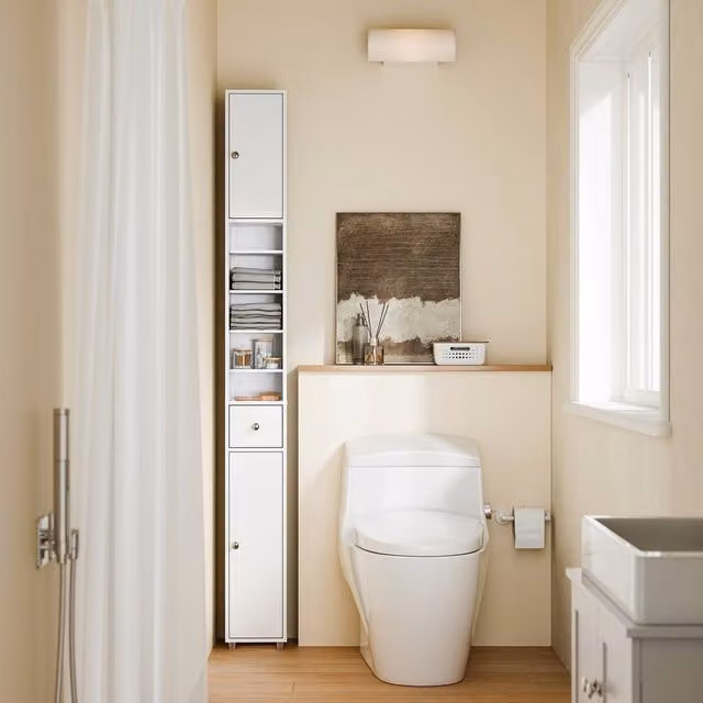SoBuy Slim White Bathroom Tall Cabinet with Soft-Close Hinged Doors and Internal Shelves, Height: 180 cm