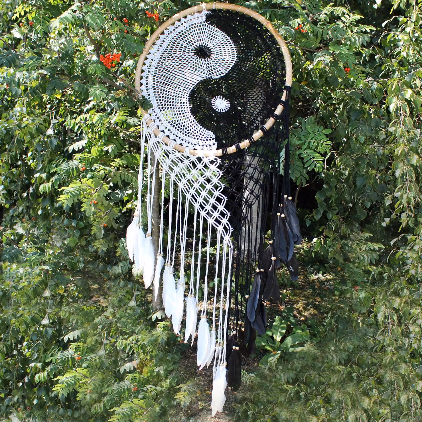KDMD Bali Dream Catchers Extra Large Ying Yang White Textile Hanging Decoration Diameter: 50 cm – 2