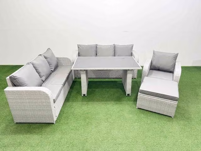 Fimous 8-Seater Patio Rectangular Table and Sofa Set with Large Stool in Light Grey