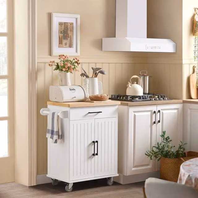 SoBuy White Country House Kitchen Trolley with Rubberwood Top and Hinged Doors – 1