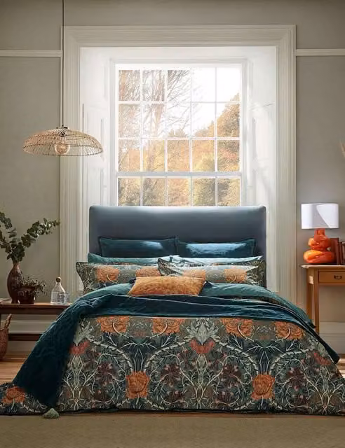Morris & Co Floral Honeysuckle & Tulip Cotton Percale Duvet Cover in Petrol Teal Mix