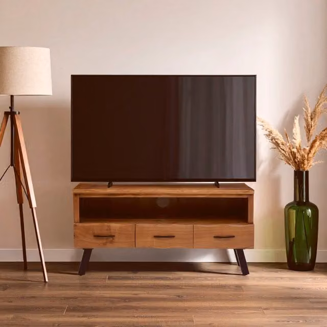 Orsina Industrial Acacia Wood Three-Drawer Media Unit in Black and Brown, W/D/H: 120 x 40 x 60 cm