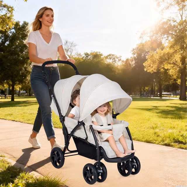 Costway Foldable Double Seat Baby Stroller with Suspension and Adjustable Handle in Beige and White