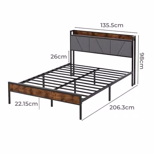 Levede Rustic Brown Upholstered Bed Frame with Side Compartments and Bedside Shelf, W/D/H: 140 x 200 cm – 2