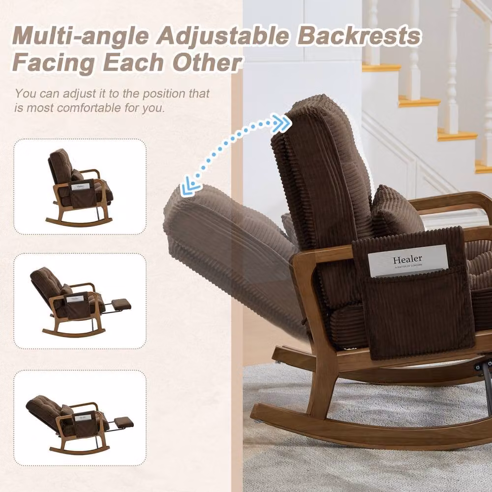 GOMYWAY Matteo Corduroy Rocking Chair in Brown with Solid Wood Frame and Multi-Position Glide – 3