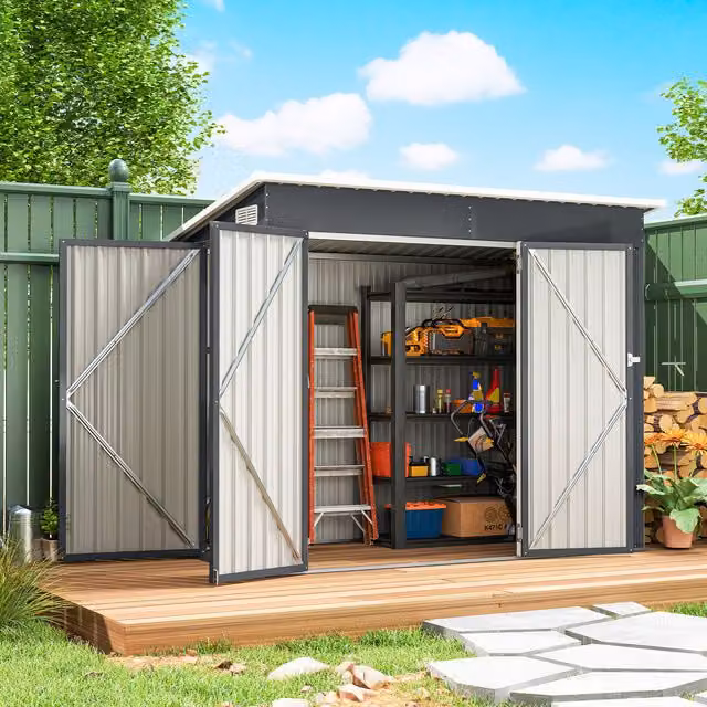 Outsunny Metal Pent Garden Shed with Double Doors in Dark Grey