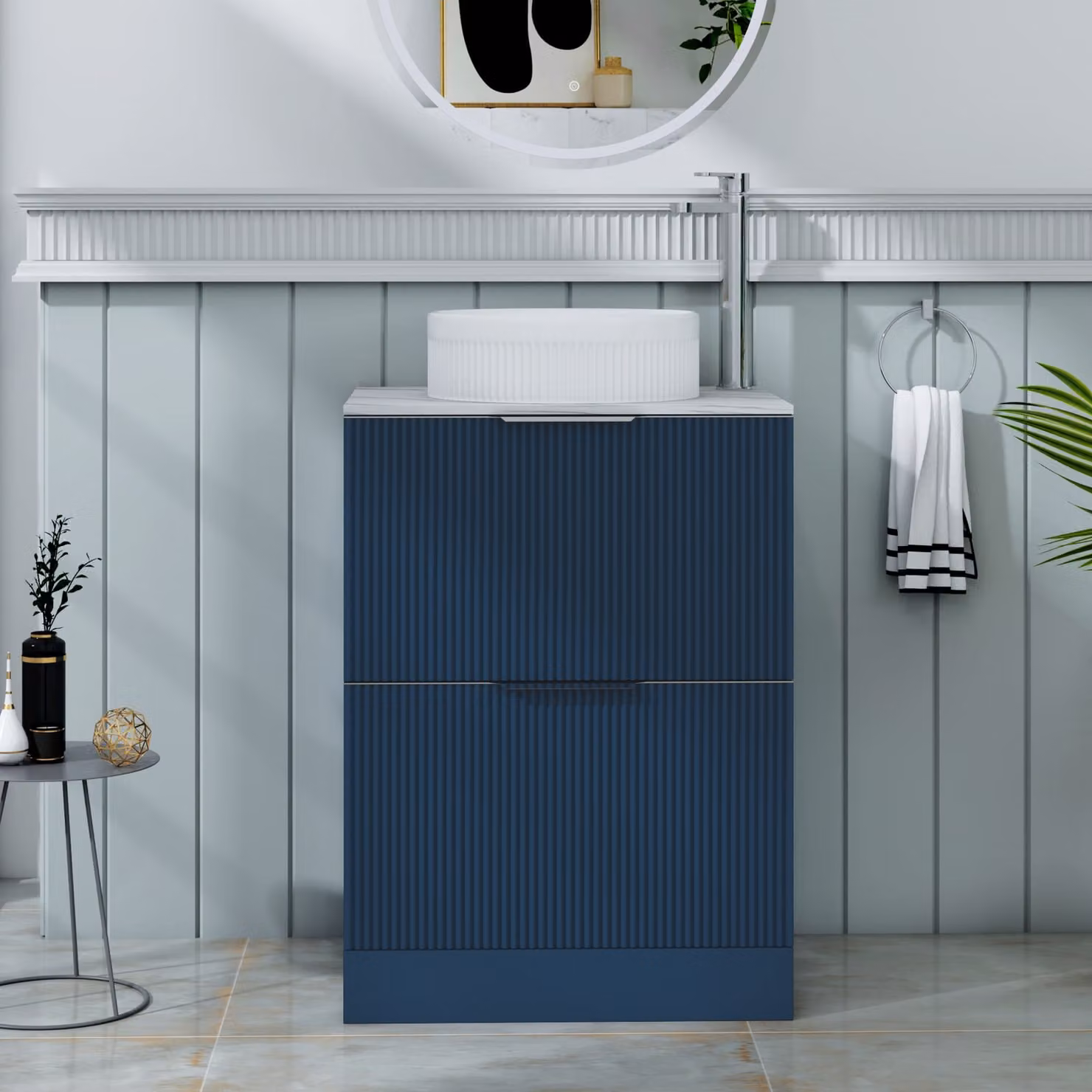 Royal Bathrooms Evora Midnight Blue Fluted Floor Standing Countertop Vanity Unit with 2 Drawers and Round Basin